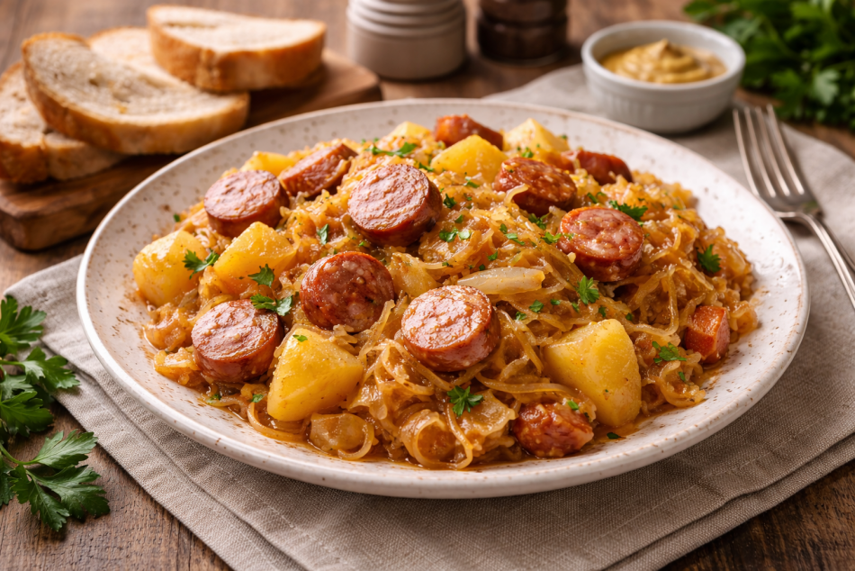 Как приготовить тушеную капусту с картошкой и сосисками за час на ужин